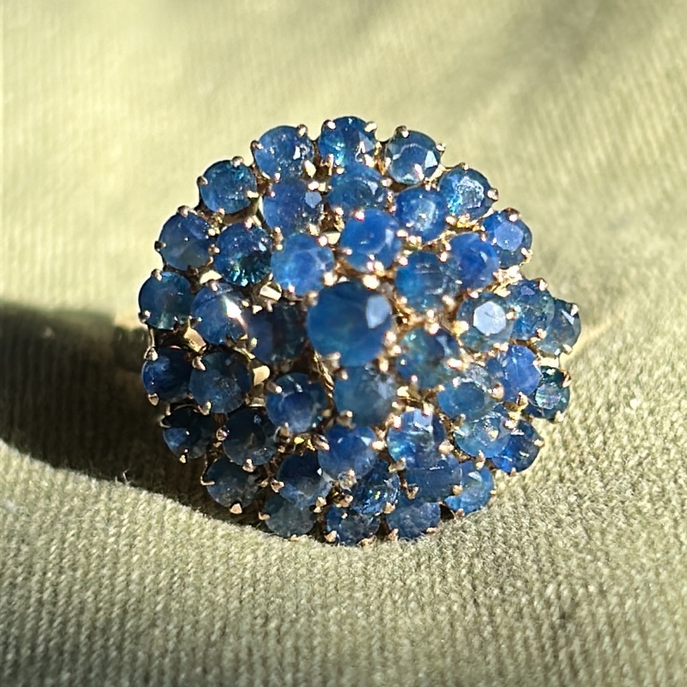 Sold-14K Yellow Gold Spiral Cluster Cocktail Natural Round Shape Blue Sapphire - Picture 9 of 17